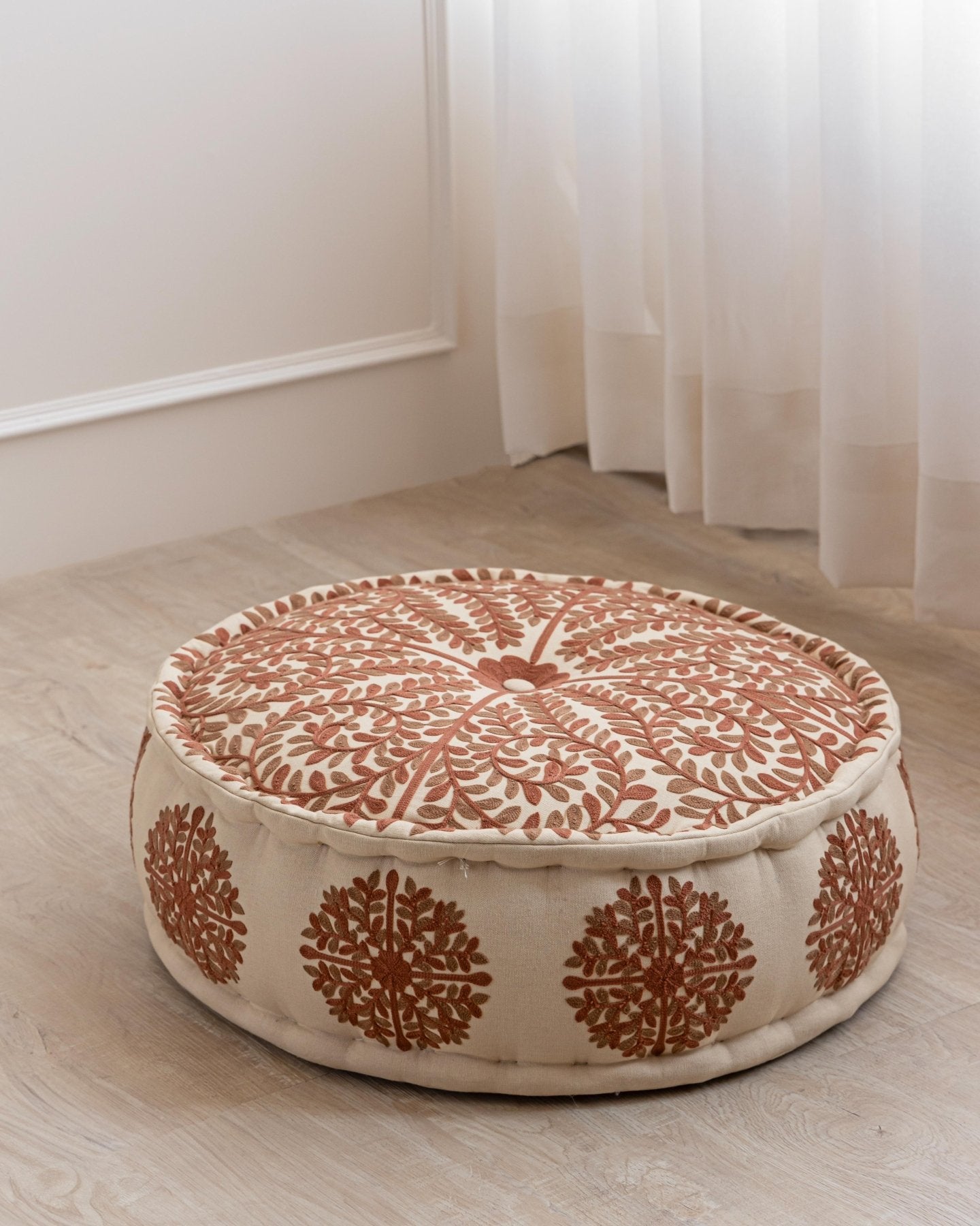 Rust Suzani Pouf Foliage - Marble Lotus - Suzani Ottoman | Meditation Pouf | Stackable Pouf | Red | Handmade