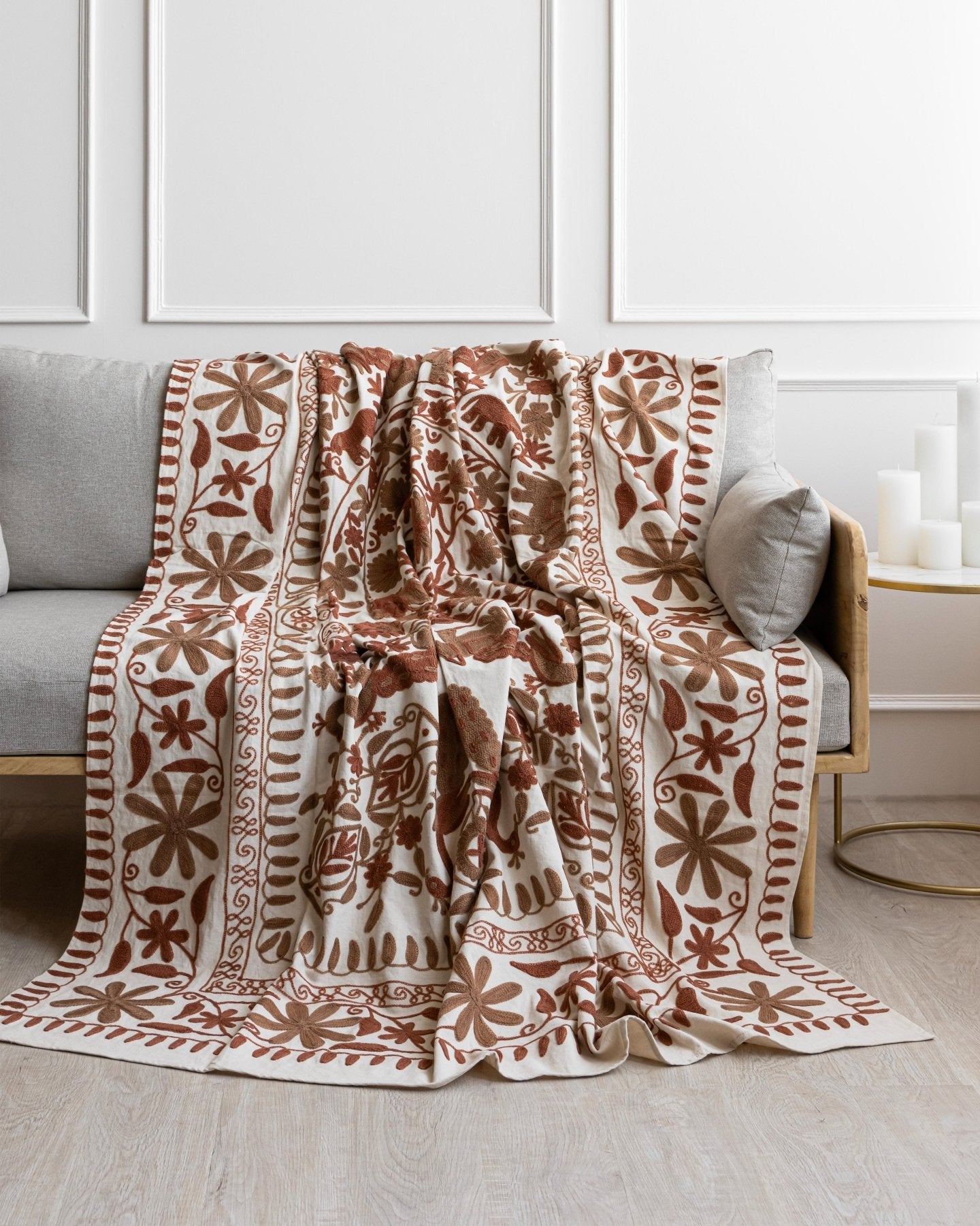 Rust Suzani Tapestry Throw 60x90" - Marble Lotus - Suzani Throw | Red Tapestry Throw 60x90"