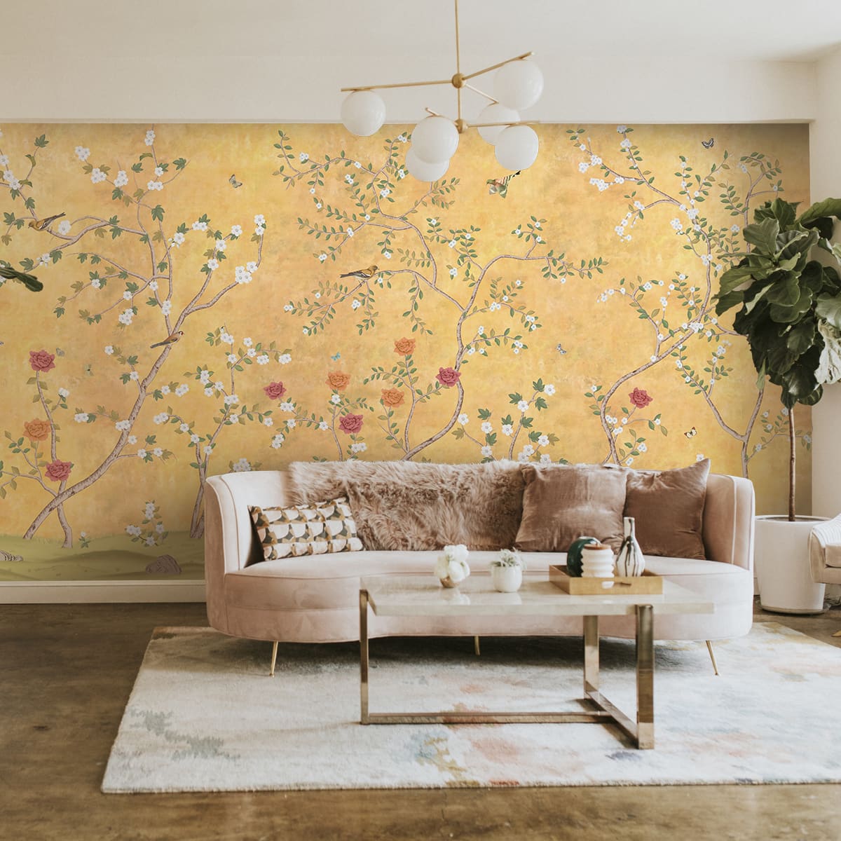 Sunset Serenade, Golden Chinoiserie Wallpaper Design - Marble Lotus - Sunset Serenade, Golden Chinoiserie Wallpaper Design