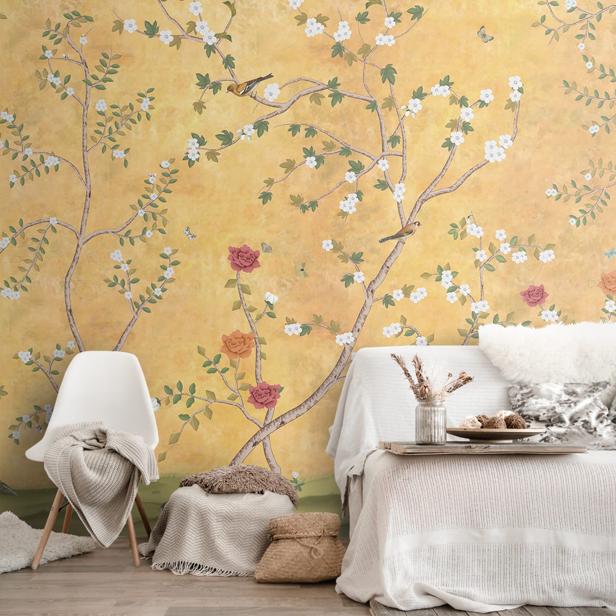 Sunset Serenade, Golden Chinoiserie Wallpaper Design - Marble Lotus - Sunset Serenade, Golden Chinoiserie Wallpaper Design