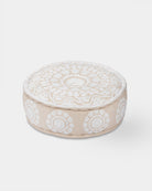 Suzani Pouf Ivory Flora - Marble Lotus - Suzani Ottoman | Meditation Pouf | Stackable Pouf | White | Handmade