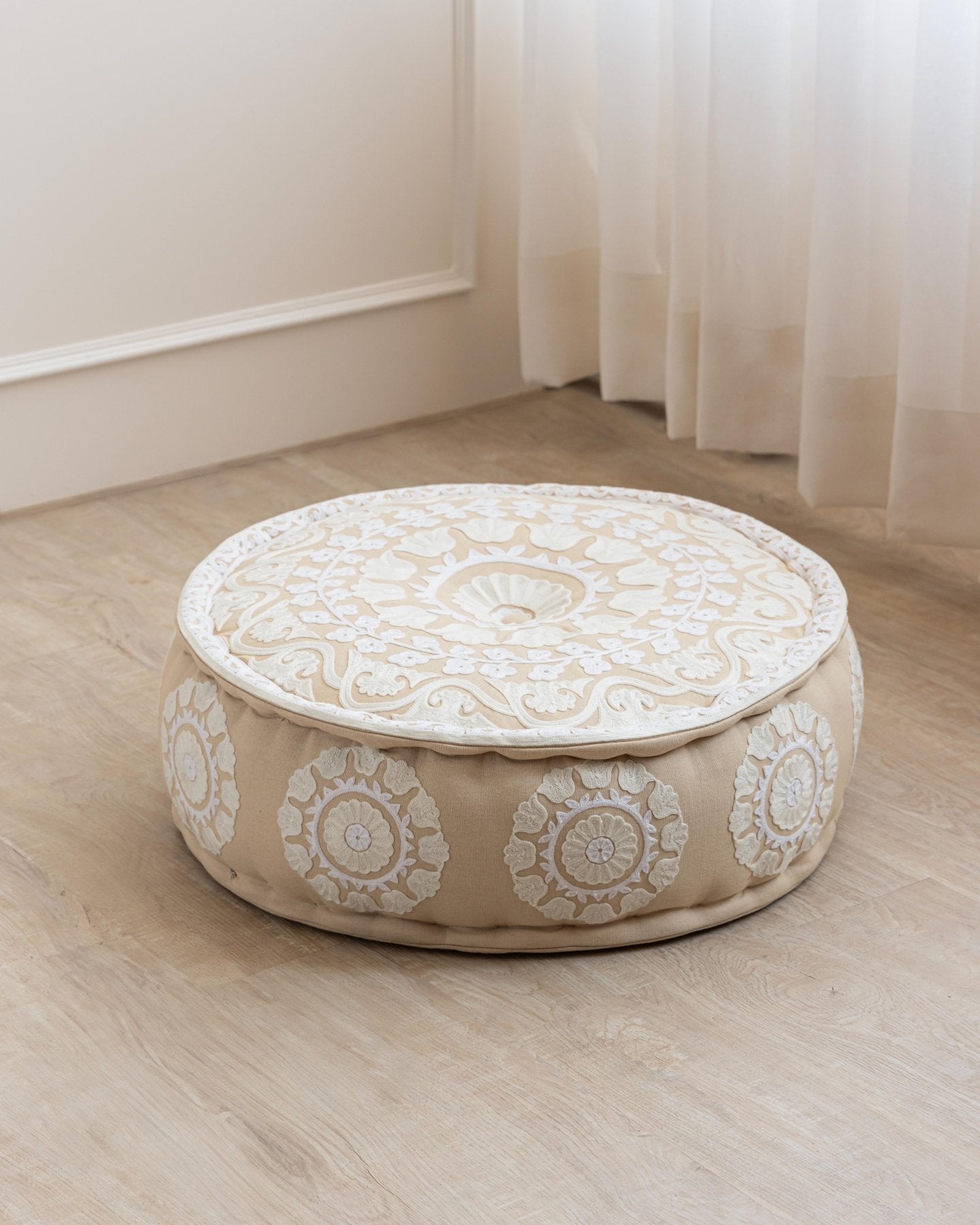 Suzani Pouf Ivory Flora - Marble Lotus - Suzani Ottoman | Meditation Pouf | Stackable Pouf | White | Handmade