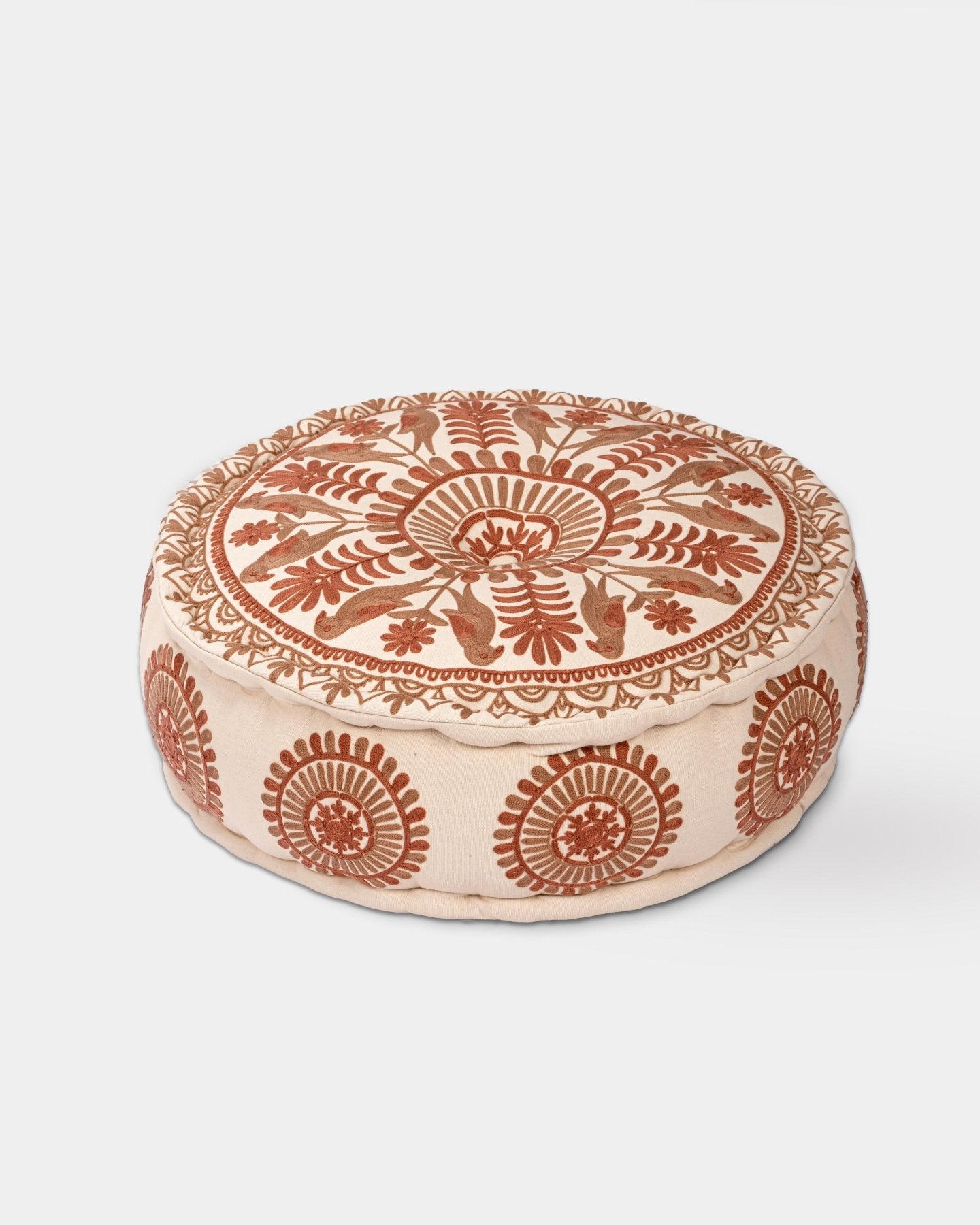 Suzani Pouf Rust Fauna - Marble Lotus - Suzani Ottoman | Meditation Pouf | Stackable Pouf | Red | Handmade