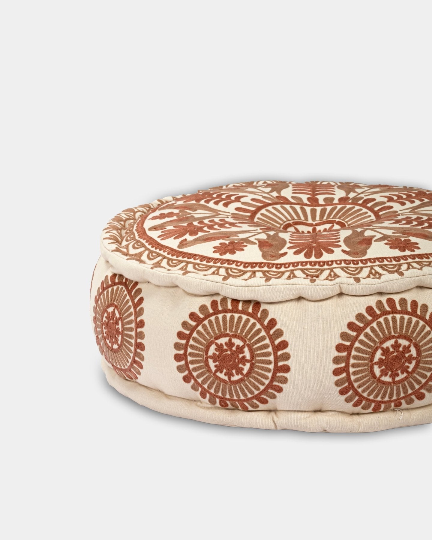 Suzani Pouf Rust Fauna - Marble Lotus - Suzani Ottoman | Meditation Pouf | Stackable Pouf | Red | Handmade