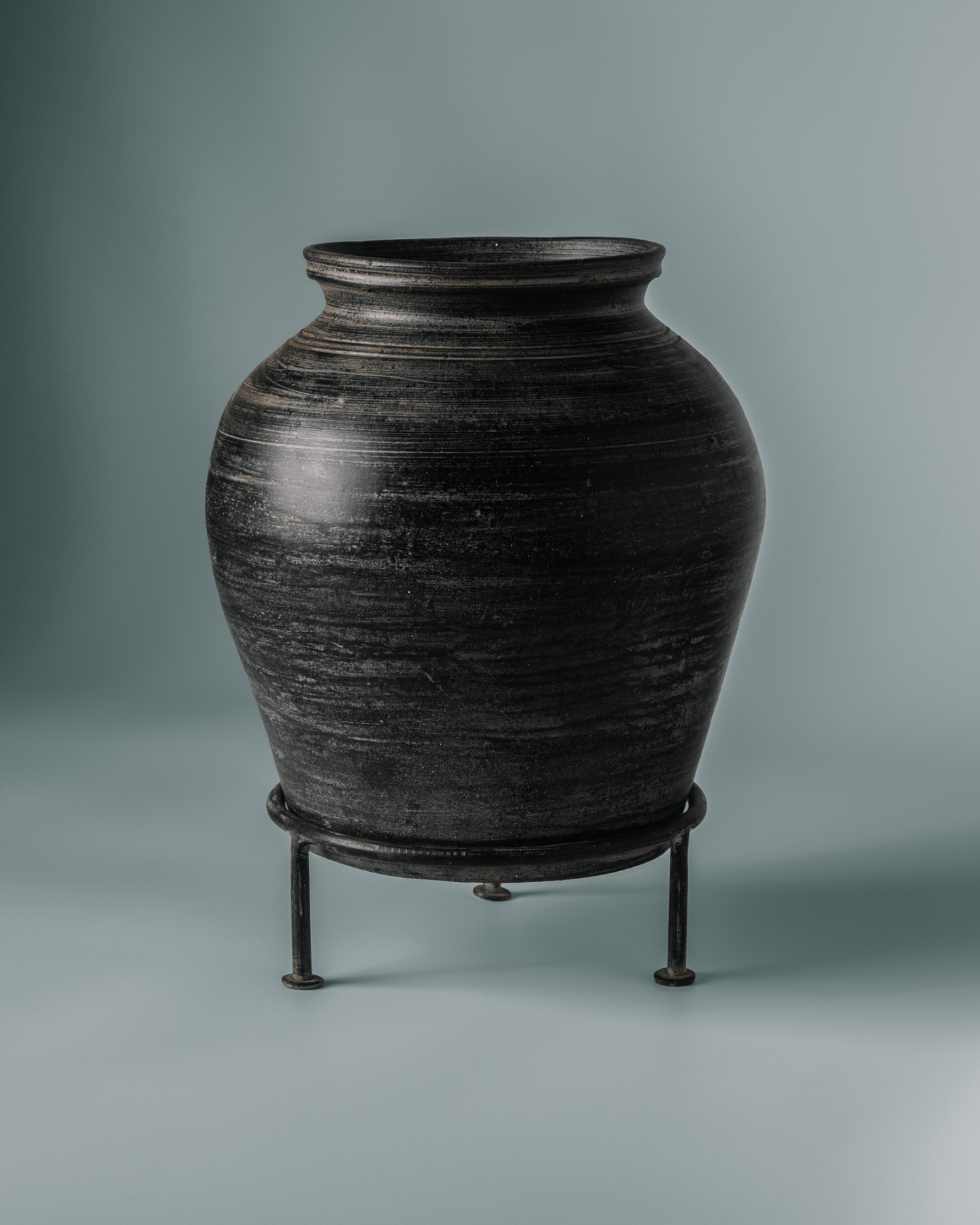 Tall Raat Clay Pot (10"x12") - Marble Lotus - Clay Pot with Iron Stand Black Finish