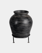 Tall Raat Clay Pot (10"x12") - Marble Lotus - Clay Pot with Iron Stand Black Finish