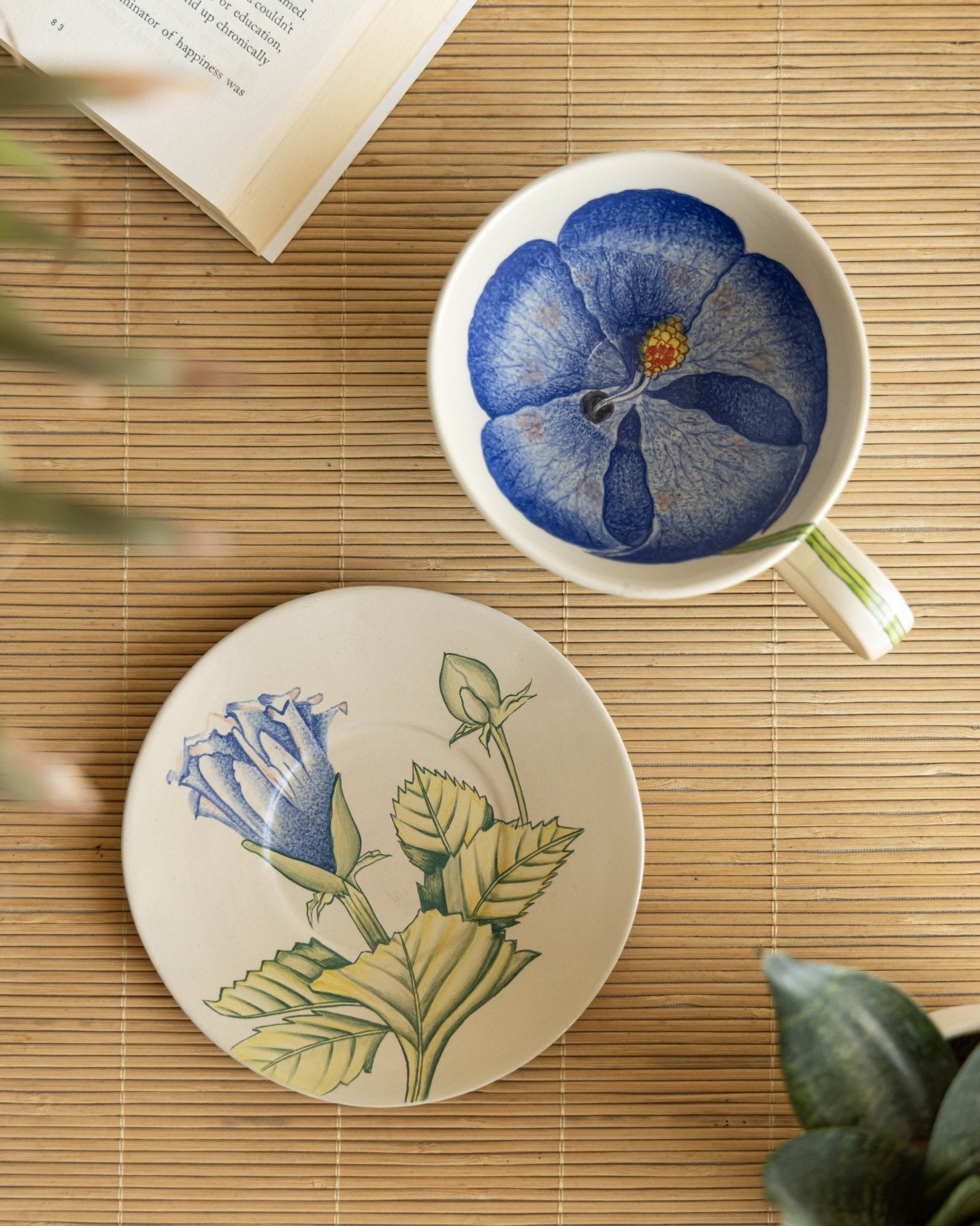 Tea Cup and Saucer Large Blue Hibiscus - Marble Lotus - Tea Cup and Saucer Large Blue Hibiscus