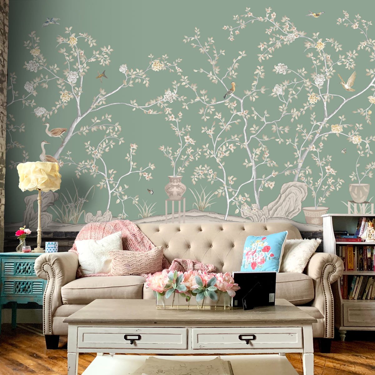 Verde Elegance, Customised Chinoiserie Wallpaper - Marble Lotus - Verde Elegance, Customised Chinoiserie Wallpaper