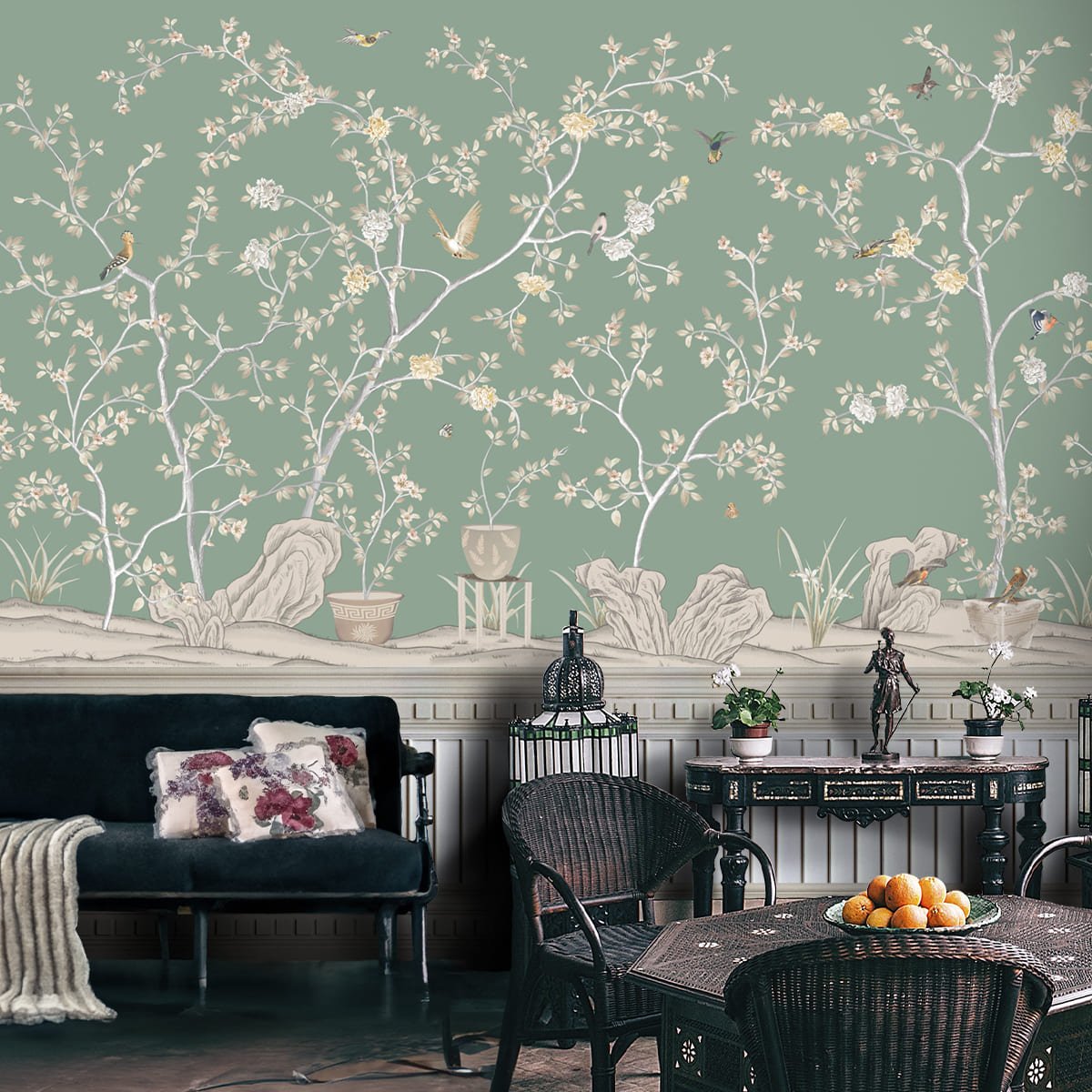 Verde Elegance, Customised Chinoiserie Wallpaper - Marble Lotus - Verde Elegance, Customised Chinoiserie Wallpaper