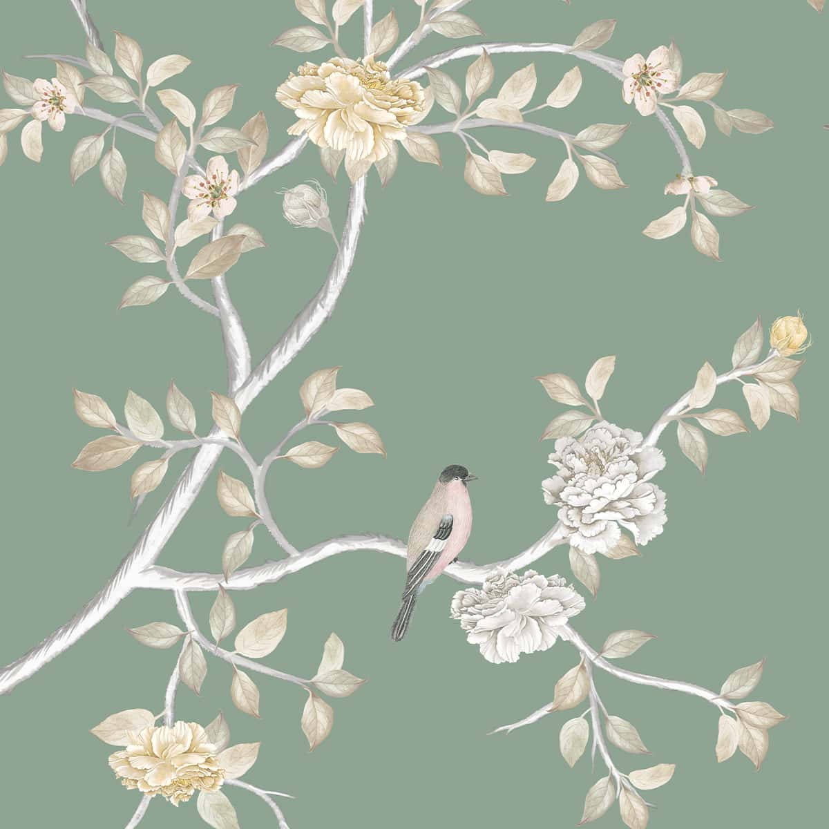 Verde Elegance, Customised Chinoiserie Wallpaper - Marble Lotus - Verde Elegance, Customised Chinoiserie Wallpaper