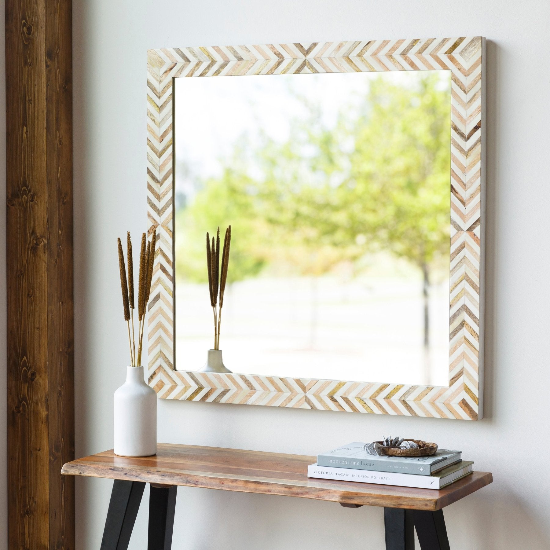 Wood Bone Inlay Square Mirror - Marble Lotus - Bone Inlay Square Mirror